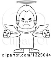 Lineart Clipart Of A Cartoon Blcak And White Mad Bigfoot Angel Royalty Free Outline Vector Illustration