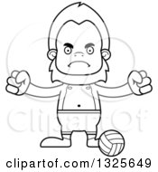 Lineart Clipart Of A Cartoon Blcak And White Mad Bigfoot Beach Volleyball Player Royalty Free Outline Vector Illustration