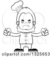Lineart Clipart Of A Cartoon Blcak And White Mad Bigfoot Chef Royalty Free Outline Vector Illustration