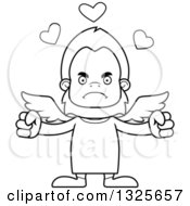 Lineart Clipart Of A Cartoon Blcak And White Mad Bigfoot Cupid Royalty Free Outline Vector Illustration