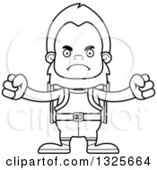 Lineart Clipart Of A Cartoon Blcak And White Mad Bigfoot Hiker Royalty Free Outline Vector Illustration