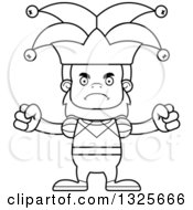 Lineart Clipart Of A Cartoon Blcak And White Mad Bigfoot Jester Royalty Free Outline Vector Illustration