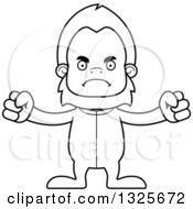 Lineart Clipart Of A Cartoon Blcak And White Mad Bigfoot In Pajamas Royalty Free Outline Vector Illustration