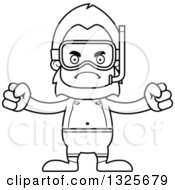 Lineart Clipart Of A Cartoon Blcak And White Mad Bigfoot In Snorkel Gear Royalty Free Outline Vector Illustration