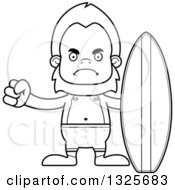 Lineart Clipart Of A Cartoon Blcak And White Mad Bigfoot Surfer Royalty Free Outline Vector Illustration