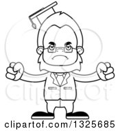 Lineart Clipart Of A Cartoon Blcak And White Mad Bigfoot Professor Royalty Free Outline Vector Illustration