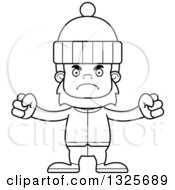Lineart Clipart Of A Cartoon Blcak And White Mad Bigfoot In Winter Clothes Royalty Free Outline Vector Illustration