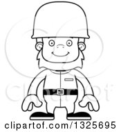 Lineart Clipart Of A Cartoon Blcak And White Happy Bigfoot Soldier Royalty Free Outline Vector Illustration