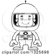 Lineart Clipart Of A Cartoon Blcak And White Happy Bigfoot Astronaut Royalty Free Outline Vector Illustration