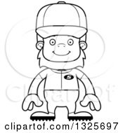Lineart Clipart Of A Cartoon Blcak And White Happy Bigfoot Baseball Player Royalty Free Outline Vector Illustration