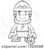 Lineart Clipart Of A Cartoon Blcak And White Happy Bigfoot Basketball Player Royalty Free Outline Vector Illustration