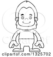 Lineart Clipart Of A Cartoon Blcak And White Happy Casual Bigfoot Royalty Free Outline Vector Illustration