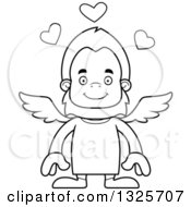 Lineart Clipart Of A Cartoon Blcak And White Happy Bigfoot Cupid Royalty Free Outline Vector Illustration