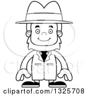 Lineart Clipart Of A Cartoon Blcak And White Happy Bigfoot Detective Royalty Free Outline Vector Illustration