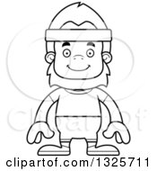 Lineart Clipart Of A Cartoon Blcak And White Happy Fitness Bigfoot Royalty Free Outline Vector Illustration