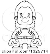 Lineart Clipart Of A Cartoon Blcak And White Happy Bigfoot Hiker Royalty Free Outline Vector Illustration
