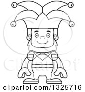 Lineart Clipart Of A Cartoon Blcak And White Happy Bigfoot Jester Royalty Free Outline Vector Illustration