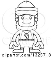 Lineart Clipart Of A Cartoon Blcak And White Happy Bigfoot Lifeguard Royalty Free Outline Vector Illustration