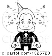 Lineart Clipart Of A Cartoon Blcak And White Happy Party Bigfoot Royalty Free Outline Vector Illustration
