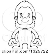 Lineart Clipart Of A Cartoon Blcak And White Happy Bigfoot In Pajamas Royalty Free Outline Vector Illustration