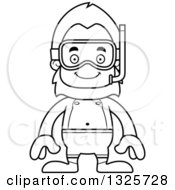 Lineart Clipart Of A Cartoon Blcak And White Happy Bigfoot In Snorkel Gear Royalty Free Outline Vector Illustration