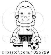Lineart Clipart Of A Cartoon Blcak And White Happy Bigfoot Soccer Player Royalty Free Outline Vector Illustration