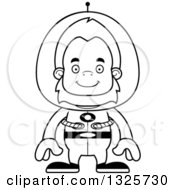 Lineart Clipart Of A Cartoon Blcak And White Happy Futuristic Space Bigfoot Royalty Free Outline Vector Illustration