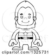 Lineart Clipart Of A Cartoon Blcak And White Happy Bigfoot Super Hero Royalty Free Outline Vector Illustration