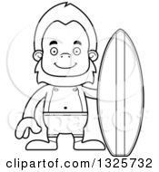 Lineart Clipart Of A Cartoon Blcak And White Happy Bigfoot Surfer Royalty Free Outline Vector Illustration