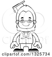 Lineart Clipart Of A Cartoon Blcak And White Happy Bigfoot Professor Royalty Free Outline Vector Illustration