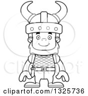 Lineart Clipart Of A Cartoon Blcak And White Happy Bigfoot Viking Royalty Free Outline Vector Illustration