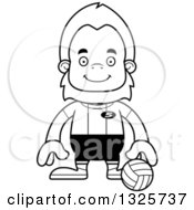 Lineart Clipart Of A Cartoon Blcak And White Happy Bigfoot Volleyball Player Royalty Free Outline Vector Illustration