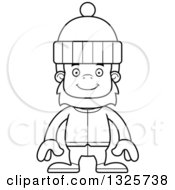 Lineart Clipart Of A Cartoon Blcak And White Happy Bigfoot In Winter Clothes Royalty Free Outline Vector Illustration