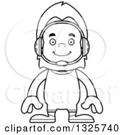 Lineart Clipart Of A Cartoon Blcak And White Happy Bigfoot Wrestler Royalty Free Outline Vector Illustration