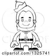 Lineart Clipart Of A Cartoon Blcak And White Happy Christmas Elf Bigfoot Royalty Free Outline Vector Illustration