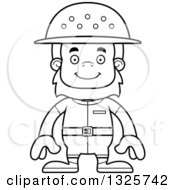 Lineart Clipart Of A Cartoon Blcak And White Happy Bigfoot Zookeeper Royalty Free Outline Vector Illustration