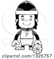 Lineart Clipart Of A Cartoon Black And White Happy Gorilla Basketball Player Royalty Free Outline Vector Illustration
