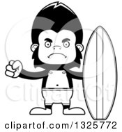 Lineart Clipart Of A Cartoon Black And White Mad Gorilla Surfer Royalty Free Outline Vector Illustration