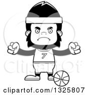 Lineart Clipart Of A Cartoon Black And White Mad Gorilla Basketball Player Royalty Free Outline Vector Illustration