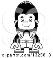 Lineart Clipart Of A Cartoon Black And White Happy Gorilla Hiker Royalty Free Outline Vector Illustration