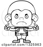 Lineart Clipart Of A Cartoon Black And White Mad Monkey Hiker Royalty Free Outline Vector Illustration