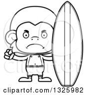 Lineart Clipart Of A Cartoon Black And White Mad Surfer Monkey Royalty Free Outline Vector Illustration