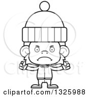 Lineart Clipart Of A Cartoon Black And White Mad Monkey In Winter Clothes Royalty Free Outline Vector Illustration