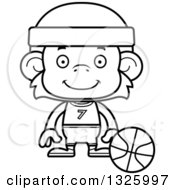 Lineart Clipart Of A Cartoon Black And White Happy Monkey Basketball Player Royalty Free Outline Vector Illustration