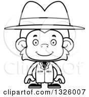 Lineart Clipart Of A Cartoon Black And White Happy Monkey Detective Royalty Free Outline Vector Illustration