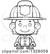 Lineart Clipart Of A Cartoon Black And White Happy Monkey Firefighter Royalty Free Outline Vector Illustration