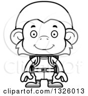 Lineart Clipart Of A Cartoon Black And White Happy Monkey Hiker Royalty Free Outline Vector Illustration