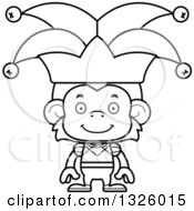 Lineart Clipart Of A Cartoon Black And White Happy Monkey Jester Royalty Free Outline Vector Illustration