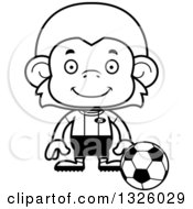 Lineart Clipart Of A Cartoon Black And White Happy Monkey Soccer Player Royalty Free Outline Vector Illustration