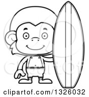 Lineart Clipart Of A Cartoon Black And White Happy Surfer Monkey Royalty Free Outline Vector Illustration
